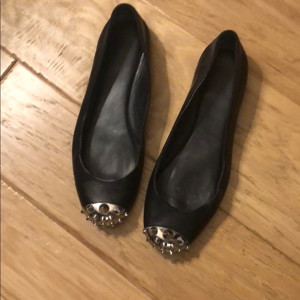 Silver studded black genuine leather flats 37